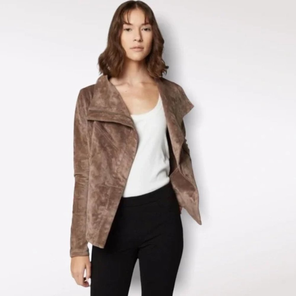 SL8 Faux Suede Leather Casual Chic Asymmetrical Zip Moto Jacket‎ Taupe Medium